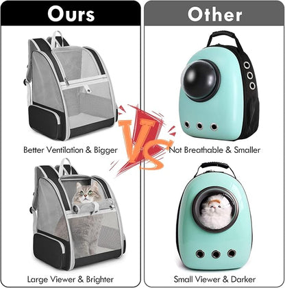 Cat Backpack Carrier, Pet Carrier Backpack with Kitten Wand Feather Toy for Medium Small Dog Cat Puppy Kitty Bunny up to 15lbs, Large Ventilated Mesh Cat Bookbag for Travel Walking Outdoor Use (Black)