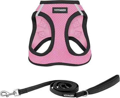 Best Pet Supplies Voyager Step-in Air All Weather Mesh Harness and Reflective Dog 5 ft Leash Combo with Neoprene Handle, for Small, Medium and Large Breed Puppies - Pink Base,S