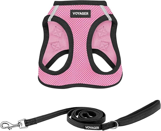 Best Pet Supplies Voyager Step-in Air All Weather Mesh Harness and Reflective Dog 5 ft Leash Combo with Neoprene Handle, for Small, Medium and Large Breed Puppies - Pink Base, XS