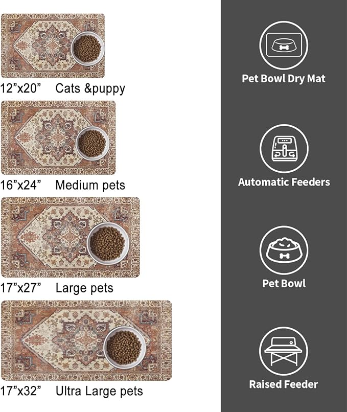 Dog Food Mats for Floors, Absorbent and Quick-Drying Pet Cat Food Mat,Anti-Fouling and Easy-to-Clean Pet Feeding Mat,Dog Bowl Mat for Messy Drinking Water Bowls.17 x27, Bohemia Style