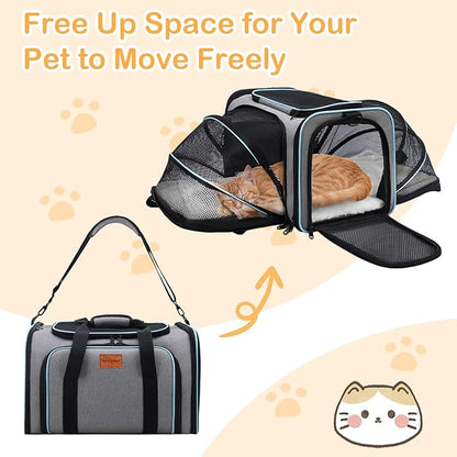 Expandable Pet Carrier,Airline Approved Soft-Sided Cat Dog Travel Bag with Hard Shell Base, Blue Trim, Removable Fleece Pad for Small Pets (Gray)