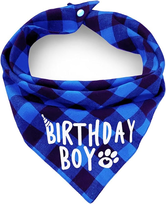 AnF Birthday Plaid Dog Bandana and Triangle Dog Scarf - Soft Cotton, Dual Layer, Washable Bandanas with Adjustable Button for Girls & Boys - Small to X-Large Dogs