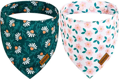 Spring Dog Bandanas with Snap Button, 2 Pack Floral Dog Scarf for Boy & Girl, Durable Fabric, Adjustable Fit, Unique Shape, Gift for Dogs, Daisy Bandana for Large and Extra Large Dogs (X-Large)