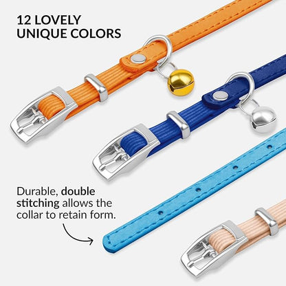 CollarDirect Leather Cat Collar with Bell - Kitten Collar, Small and Big Cat for Boy Cats, Girl Cats with Safety Elastic Strap (Neck Fit 8"-11", Light Blue)