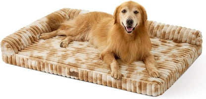 Cute Dog Bed, Faux Rabbit Fur Orthopedic Dog Bed with Sides, Removable Washable Cover & Waterproof Lining, Comfortable Pet Couch for Extra Large Dogs, Tie-Dye Brown (48" L x 35" W x 7.5" Th)