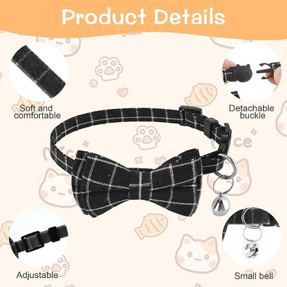Jeffdad 2Pcs Cat Collar Breakaway, Cat Collar with Bells Bowtie Plaid Cat Collar Adjustable for Kitten Puppy and Small Pets (Black and Gray Plaid)