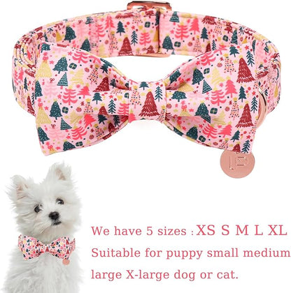 Christmas Dog Collar with Bow Tie, Pink Christmas Tree Collars for Dogs, Adjustable Pet Collar with Cute Xmas Tree Pendant, Winter Dog Accessories for Small Medium Large Dogs M
