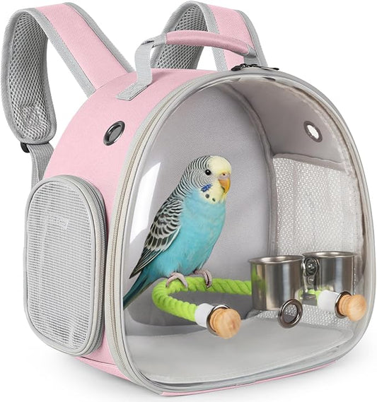 Small Bird Travel Backpack Carrier Cage with Cups, Backpack to Transport Backpack Carrier with Clamp Cups Stand Perch for Parakeet Cockatiel Budgies Vet Carry Book Bag Pink
