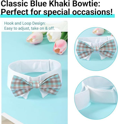 Segarty Dog Bow Tie Neck Girth 10.2-12.6in, Adjustable Blue Khaki Plaid Bowtie Collar for Dog, Medium Necktie Tuxedo Comfortable Cotton Pet Grooming Accessory for Formal Wedding Holiday Birthday Party