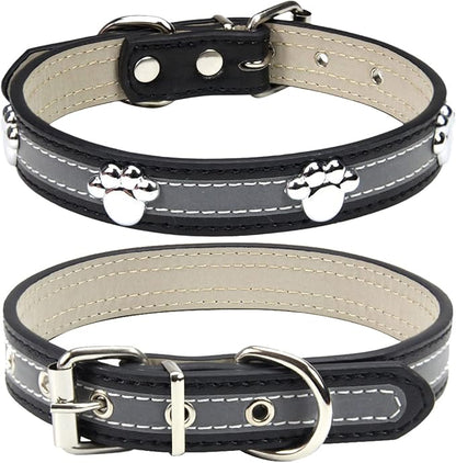 PETCARE Reflective Dog Collar with Cute Paw Rivet Studded Funny Soft PU Leather Adjustable Puppy Dog Collars for Small Medium Large Dogs Cats (Black,XX-Large)