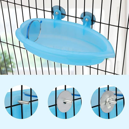 Hypeety Bird Bath with Mirror Portable Bird Bath Bird Bathroom for Pet Parrots Bathing Tub Bath Box Bird Shower Bathtub Accessories (Blue-Bird Bathtub with Mirror)