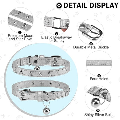 Leather Cat Collars for Boy Girl Cats with Bell and Safety Elastic Belt, Personalized Star and Moon Stud Adjustable Safe Buckle Collar for Kitty Small Big Cats Size 7-9 Inch, Silver Grey