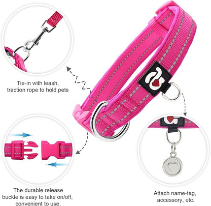 azuza Reflective Dog Collar,Soft Neoprene Padded Pet Collar with ID Tag Ring,Adjustable for Large Dogs,Hot Pink,L