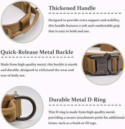 Tactical Dog Collar, Adjustable Military Training Nylon Dog Collar with Control Handle and Heavy Quick-Release Metal Buckle for Small Medium Large Dogs, Brown XL
