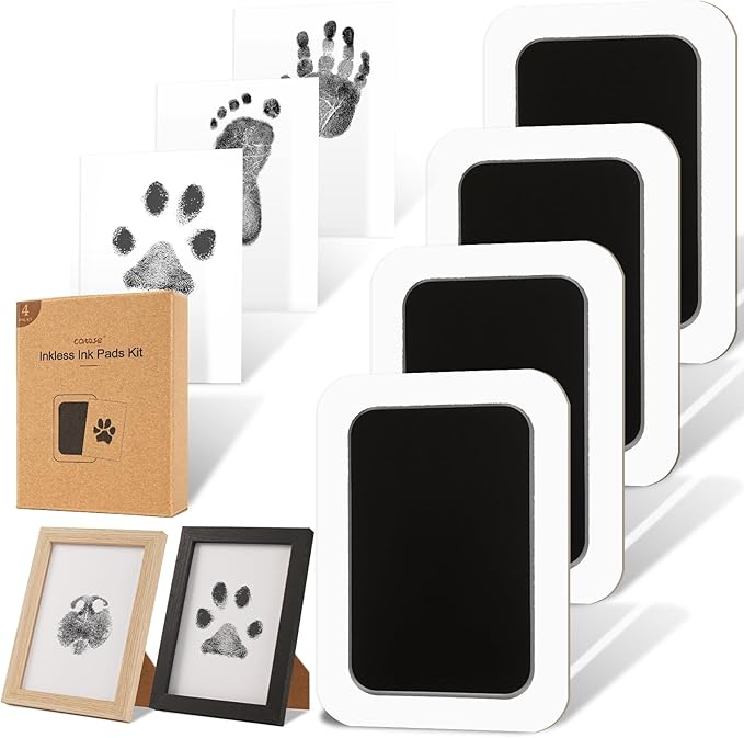Inkless Paw Print Kit for Dogs,Cats & Babies - Clean Touch Dog Nose & Baby Handprint Kit,Mess Free Dog Paw Print Kit,4-Pcs Ink Pads & 2 Wooden Frames - Keepsake Gifts for Pet Lovers,New Moms