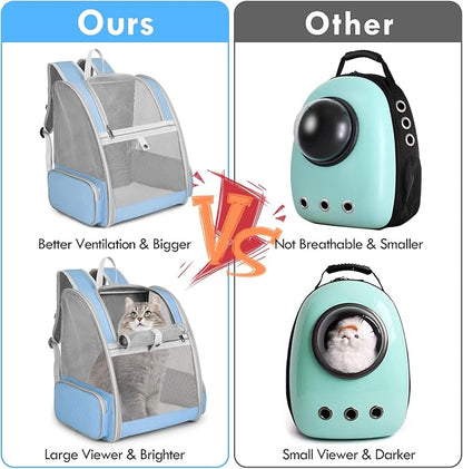 Cat Backpack Carrier, Large Pet Backpack with Kitten Wand Feather Toy for Medium Small Dog Cat Puppy Kitty Bunny up to 15lbs, Ventilated Mesh Dog Travel Carrier for Hiking Walking Outdoor Use (Blue)