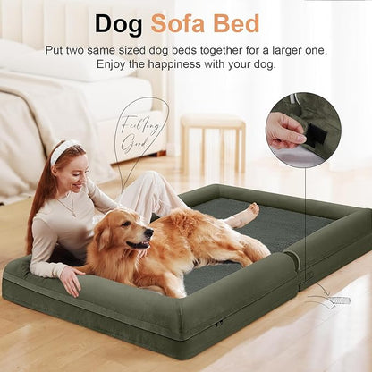 Large Dog Bed Orthopedic Washable: Beds Bolster XL Bed Large Big Dogs Memory Foam Couch Sofa Waterproof with Removable Cover - Dark Green