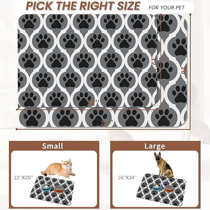 Gray Paw Print Geometric Dog Cat Food Mat,Absorbent Pet Feeding Mat for Food and Water,Non-Slip Dog Bowl Mats Floor Protector 12"x20"