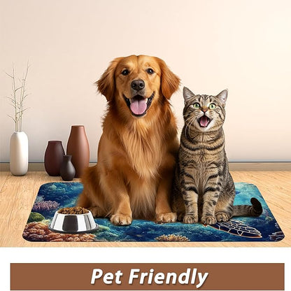 Turtle Dog Cat Food Mat,Coral Fish Absorbent Pet Feeding Mat for Food and Water,Non-Slip Dog Bowl Mats Floor Protector 16"x24"