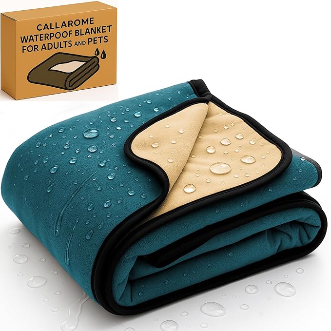 Waterproof Blanket for Bed or Couch – Soft and Leakproof Waterproof Throw Blanket, Water Proof & Stain Resistant Easy to Clean Throw Blanket Cover for Adults or Pets, Reversible Blue/Beige 80”x90”