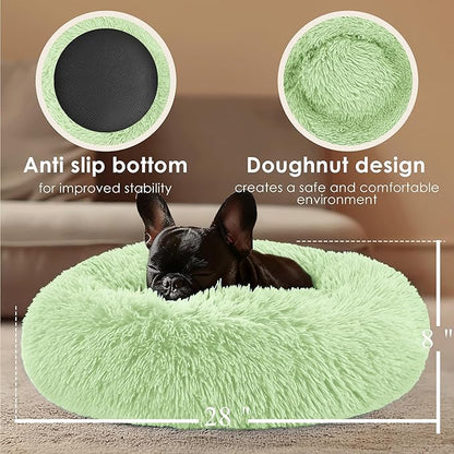 28in Large Dog Bed, Medium Size Dog and Cats, Calming Donut Bed for Puppy and Kitten, Washable Round Fluffy Pet Bed (Green)