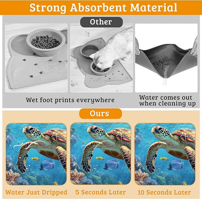 Sea Turtle Dog Cat Food Mat,Colorful Coral Absorbent Waterproof Placemat for Food and Water Non Slip Rubber Backing Durable Feeding Pad for Clean Floors 16" x 24"