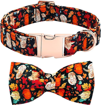 Fall Dog Collar, Leaf Pumpkin Print Adjustable Pet Collar Cute Cotton Soft Collars with Bow Tie Metal Buckle Holiday Puppy Collars Boy&Girl Gift for Medium Dogs