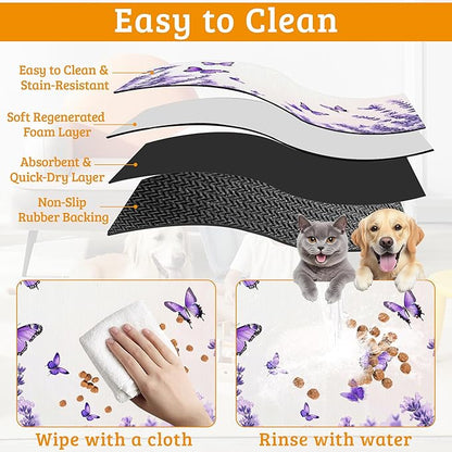 Pet Feeding Mat,Lavender Butterfly Absorbent Dog Cat Food Mat Purple Dog Mat with Rubber Backing,Non-Slip Water Bowl Placemat,Pet Supplies 16" x 24"