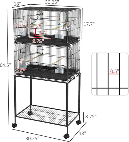 PawHut Double Stackable Bird Cage with Stand, Wooden Swing, Rope Ladder & Wheels for Canaries, Lovebirds Finches, Budgie Cage with Storage Shelf, Removable Tray, Wooden Perches & Food Containers