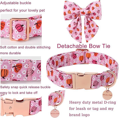 Halloween Pumpkin Dog Collar with Bow Tie, Pink Halloween Puppy Bowtie Collar with Adjustable Metal Buckle,Fancy Dog Collar Bowtie for Girl Boy Dog,S
