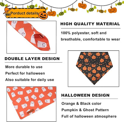ADOGGYGO Halloween Dog Bandanas 2 Pack, Reversible Pumpkin Ghost Scarf, Premium Fabric, Adjustable Fit Orange Black Halloween Bandanas for Medium Large Dogs (Large)