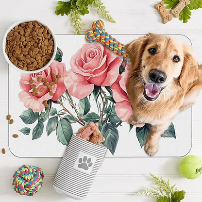 Pink Rose Pet Feeding Mat,Vintage Absorbent Quick-Dry Cat Dog Food and Water Bowl Mats,Non-Slip Rubber Backing Mat,Cat Dog Accessories Supplies 16"x24"