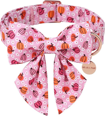 Halloween Pumpkin Dog Collar with Bow Tie, Pink Halloween Puppy Bowtie Collar with Adjustable Metal Buckle,Fancy Dog Collar Bowtie for Girl Boy Dog,XS