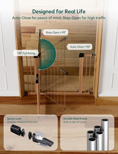 Mom's Choice Award Winner-BABELIO 26-40" Metal Baby Gate with Wood Pattern, PressGuard C5 Easy Install Pressure Mounted Dog Gate for Stairs and Doorways, with Wall Protectors and Extension Kits