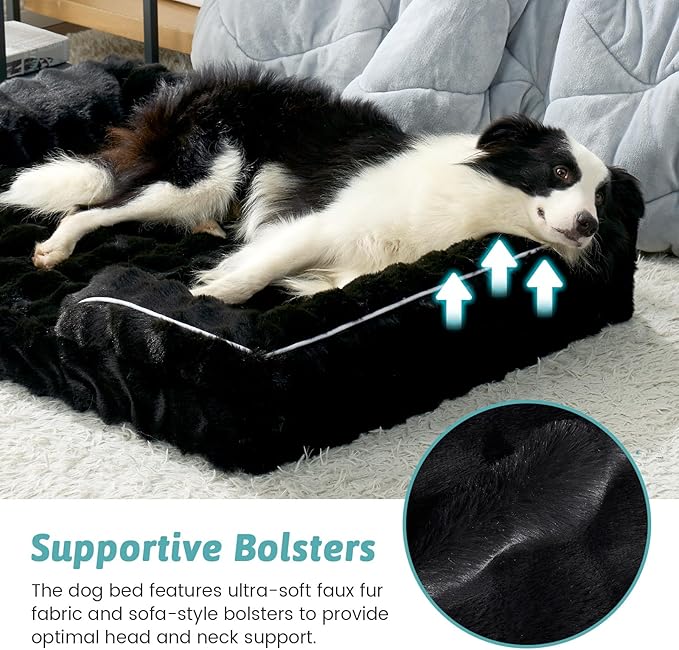 Orthopedic Dog Bed for Large Size Dog, Soft and Warm Faux Fur Extra Large Sofa for Pet Up to 100 lbs, Foam Bolster Anti-Slip Couch with Washable Removable Cover, XL 44x32x7 inch, Black