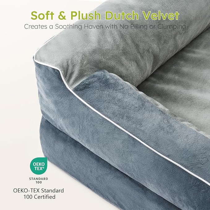 Extra Large Dog Bed, Orthopedic XL Dog Bed with Cooling Gel Memory Foam, Waterproof Pet Bed with Removable Washable Cover, 42" Pet Sofa Couch Dutch Velvet with Bone Toy, Dark Gray