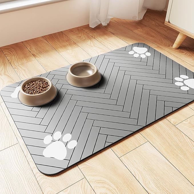Pet Feeding Mat-Absorbent Pet Placemat for Food and Water Bowl, with Waterproof Rubber Backing, Quick Dry Water Dispenser Mat for Dog and Cat (27"x17", Striped Light Gray)