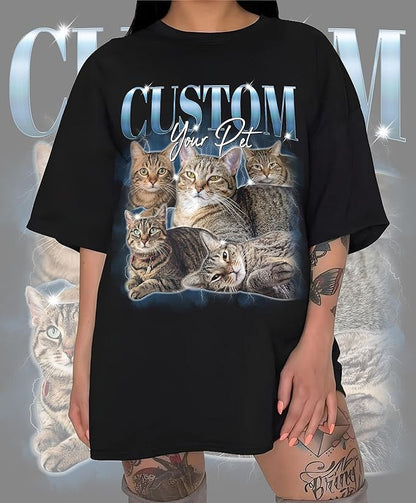 AWE-CREATIVES Custom Bootleg Shirts - Pet & Cat Vintage Washed Tees, Photo & Text Personalized
