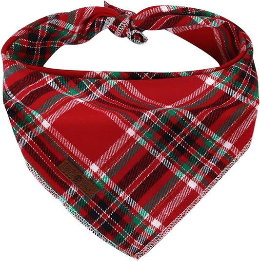 Lionet Paws Christmas Dog Bandana Washable Cotton Handkerchief Scarf Triangle Red Plaid Dog Bandanas for Medium Large Dogs Girl Boy