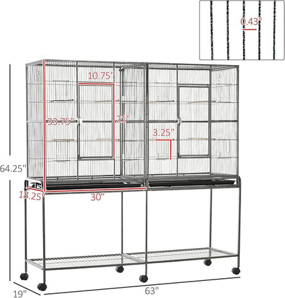 PawHut 65" Double Rolling Metal Bird Cage with Divider, Large Parrot Cage for Parakeet, Canaries, Lovebirds, Budgie, Finch, with Detachable Rolling Stand, Storage Shelf, Wood Perch & Food Container