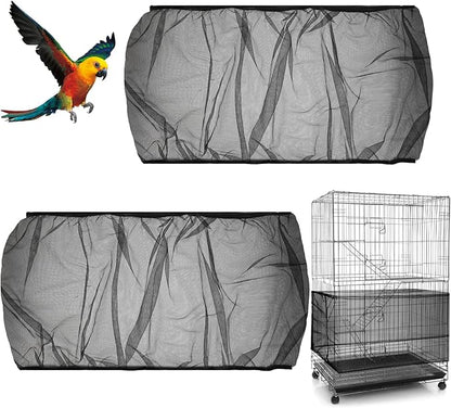 2PCS Bird Cage Cover, Bird Cage Seed Catcher, Birdcage Cover Skirt, Airy Nylon Guard Net for Parrot Parakeet Macaw Round Square Cages (Black, 110-220 cm/43.31-86.61 in)