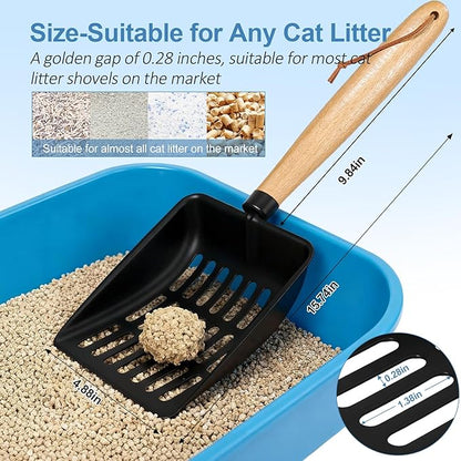 Cat Litter Scoop, Metal Litter Scoop, Heavy Duty Metal Cat Scooper for Litter Box, Black Sifter Scoop for Pellets, Wooden Handle Scoop with Hole, Kitty Necessity (9.8" Handle)