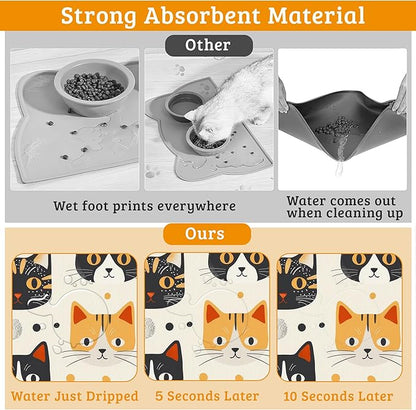 Cats Dog Cat Food Mat,Absorbent Waterproof Placemat for Food and Water Non Slip Rubber Backing Durable Feeding Pad for Clean Floors 12" x 20"