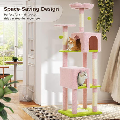 Flower Cat Tree, 62-Inch Tall Multi-Level Cat Tower with Scratching Posts for Large Indoor Cats, Plush Bed w/Padded Perches, Scratching Pad & 2 Green Pompoms, Pink
