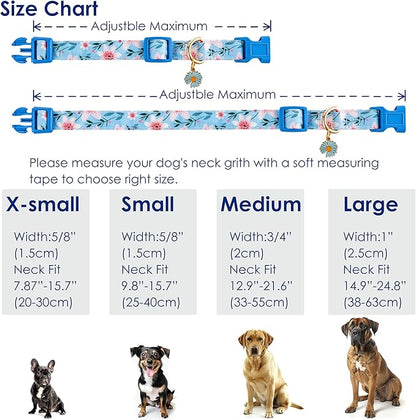 Cotton Dog Collar Blue Flower Pattern for Boys and Girls Cute Dog Collars Summer Fall Gift Adjustable for Medium to X-Large Breed Dogs (L)