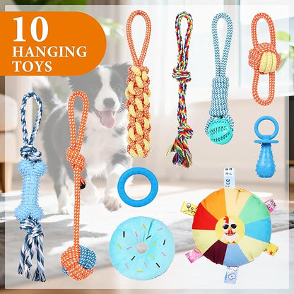 Puppy Play Gym for Small Dogs with 10 Hanging Toys, Removable Indoor Jungle Gym, PVC Frame with Adjustable Bungee Straps, Interactive Dog Toys Tug Toys for Dogs Rope Toy to Keep Them Busy