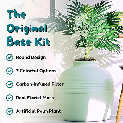 Good Pet Stuff Hidden Litter Box Planter, Decorative Cat Litter Enclosure with Carbon Filter, Artificial Plant, Easy Clean, Indoor Design, Original Round Style, Base Kit, Seagrass Green