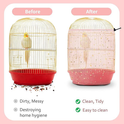 Bird Cage Seed Catcher, 45-90'' Adjustable Bird Cage Cover, Universal Nylon Bird Cage Mesh Net, Bird Cage Skirt Guard Accessories for Parrot Parakeet Macaw Round Square Cage (Pink)