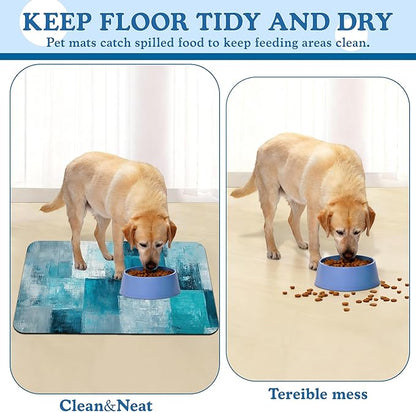 Blue Teal Dog Cat Food Mat–Christmas Stocking Absorbent Waterproof Placemat for Food and Water Bowls, Non Slip Rubber Backing, Feeding Mat for Clean Floors 12"x20"