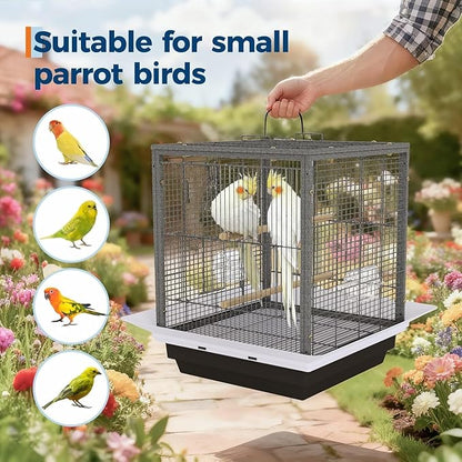 Bird Flight Cage 16 x 16 x 20 Inch, Wrought Iron Parrot Cage with Top Carry Handle, Food Cup, Removable Tray and Perches, Bird Carrier for Parakeet, Cockatiels, Budgies and Small Medium Birds
